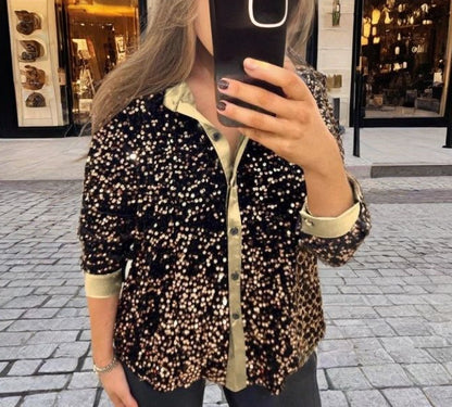 MAOXIANGSHOP 2025 New winter new  independent station 2025 fashion lapel button sequined shirt top women's clothing