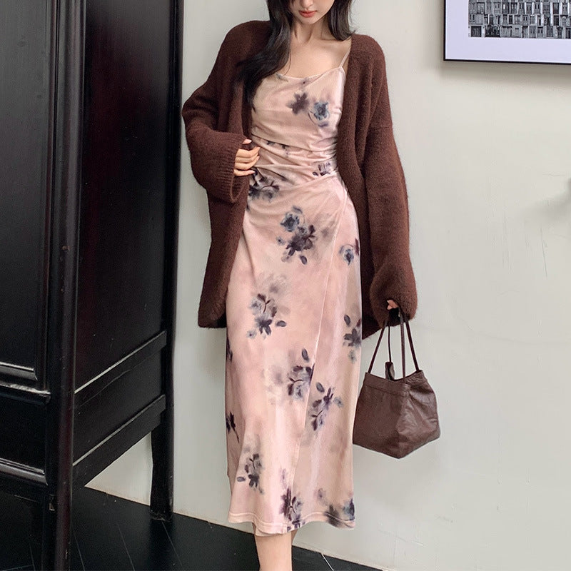 2025 Thirteen Lines popular Autumn and Winter New Printed Pure Desire High Waist Velvet Suspender Dress Women 88136