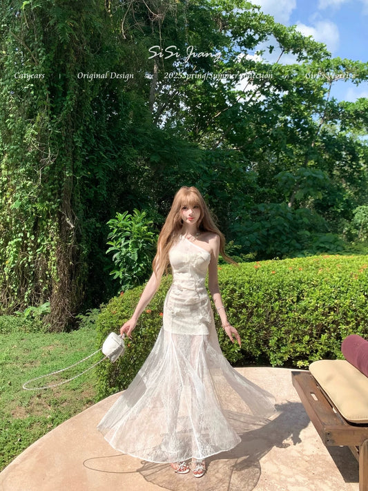 heavy industry three-dimensional flower mesh dress women's summer new Korean pure desire temperament waist suspender fishtail dress