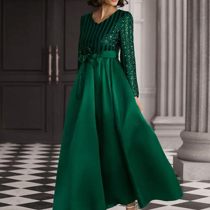 MAOXIANGSHOP popular New new sequins temperament commuting solid color mid-waist red beads host banquet dress evening dress