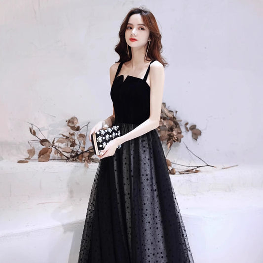 2025 Host evening dress  new black temperament high-end light luxury niche birthday party long art test skirt woman
