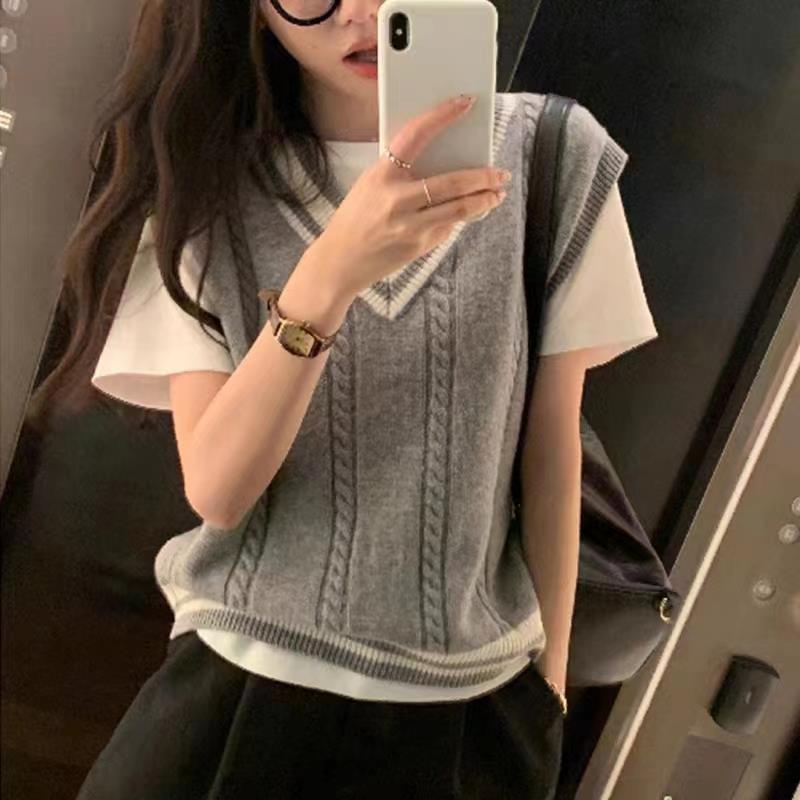 maoxiangshop-shop business casual outfits Preppy Style Contrast Color V-neck Knitted Vest Women's Clothing Autumn New Design Sleeveless Sweater Vest Top Outer Wear