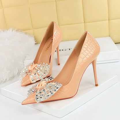 2025 3391-H9 Korean version of fashion banquet high heels thin heel super high heel shallow mouth pointed rhinestone bow single shoes women