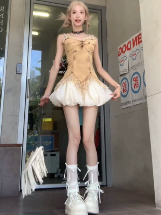 [Effervescent Summer] Spice Girl old retro denim sling vest  high-end thin bud tutu skirt