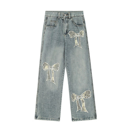 maoxiangshop 2000s fashion 2024 Quality Autumn Street Hipster Embroidered Decorative Straight Pants Women's Jeans