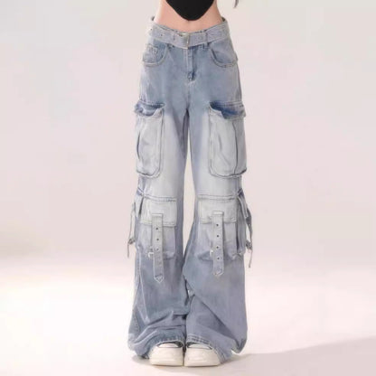 2000s fashion New Blue Pattern Cheese Hot Girl Blue Light Color Gradient Multi-Pocket Workwear Jeans Women's Trousers