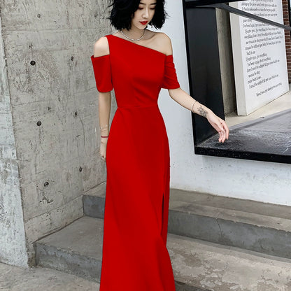 Black one-shoulder evening dress dress women can usually wear banquet temperament long noble aura queen birthday dress