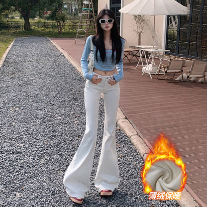 maoxiangshop 90s fashion American-Style Black Thin Velvet Skinny Jeans for Women 2024 Autumn and Winter New Low Waist Wide Leg Slimming Versatile Flared Pants