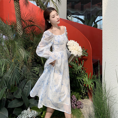 2025 Coffee break  floral dress 2025 spring new summer waist bubble sleeve temperament medium and long skirt women's clothing