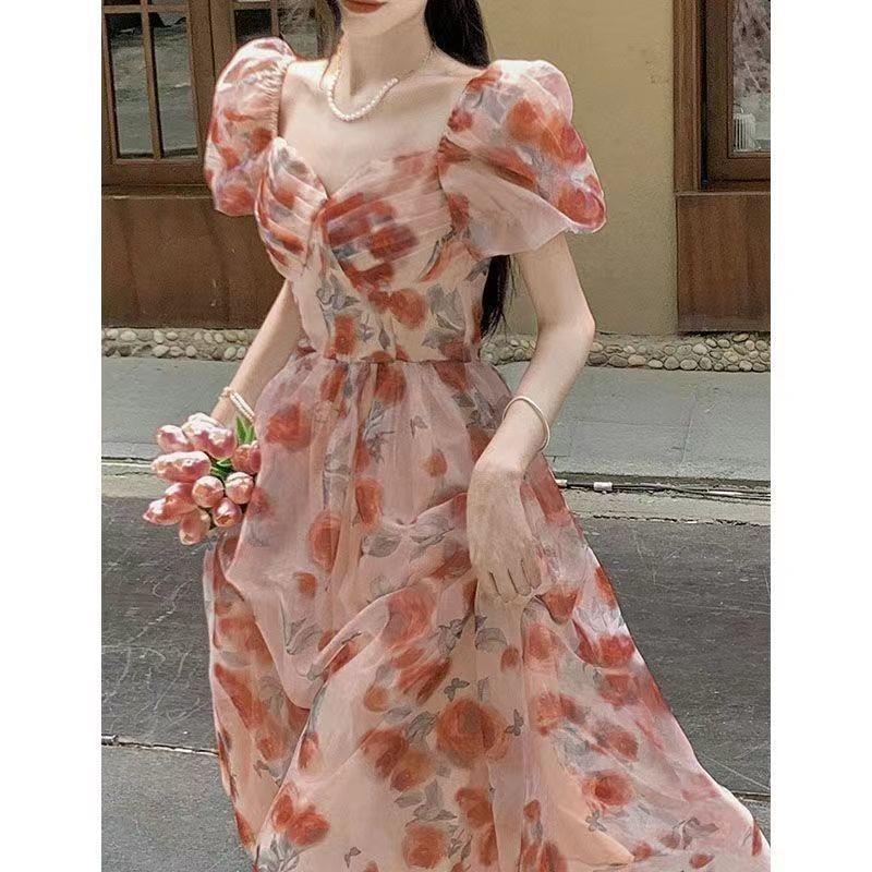 maoxiangshop Floral Summer Dress New Fashion Fairycore Puff Sleeve Ball Gown Birthday Dress for Women Short Sleeves Midi Dress