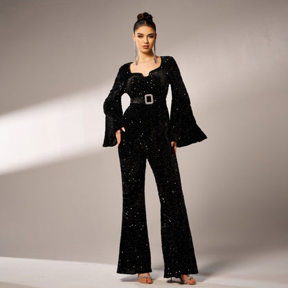 2025 women's clothing Middle East new high-end long-sleeved square collar slim-fit hip-wrapped banquet sequined evening dress jumpsuit