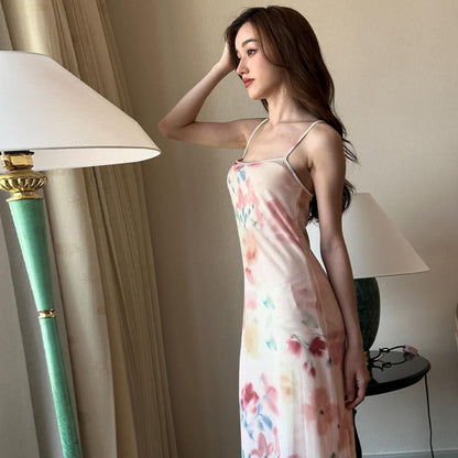 women's clothing summer new French style mature style backless sleeveless slim long printed suspender dress