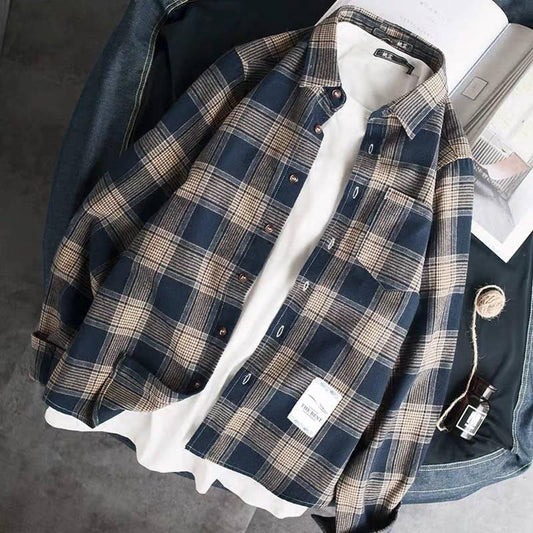 maoxiangshop-shop men fall outfits casual Colorful Plaid Couple Plaid Shirt Coat Long-Sleeved Shirt Youth Korean Casual Student Handsome Men's Shirt