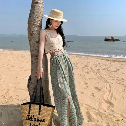 2025 High-waisted wide-leg pants women's summer Yunnan Xishuangbanna vacation culottes drape and elegant floor-mopping trousers open-ended beach pants