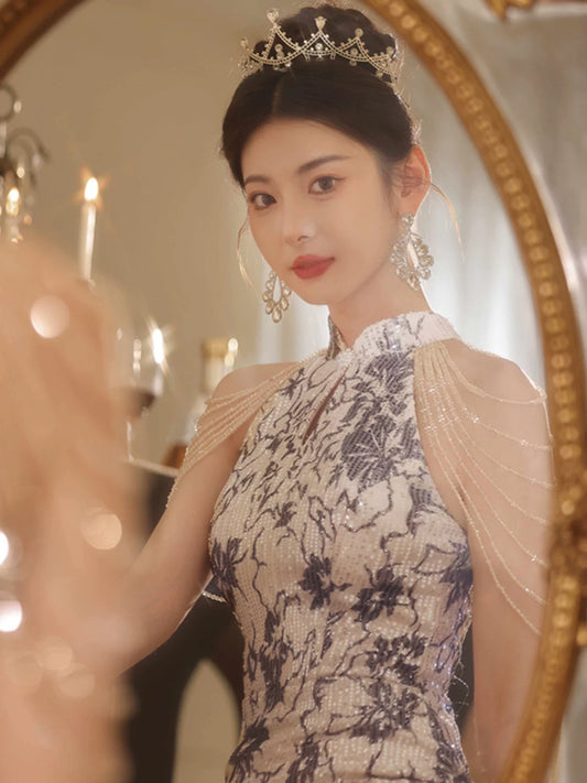 High-end evening dress women's high-end banquet temperament light luxury niche host fishtail sequined graduation dress autumn