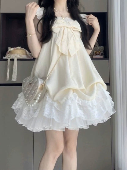Ancient bud skirt  summer new sweet and cute gentle wind flying sleeves lace splicing bud skirt