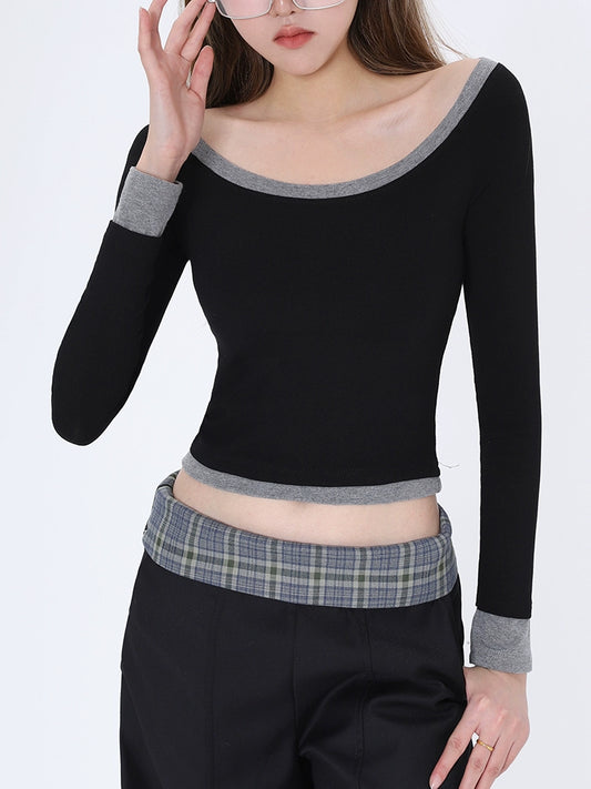 2025n Spice Girl Slim Sexy Long Sleeve T-Shirt Autumn New Contrast Color Design Fashion Temperament Top Women