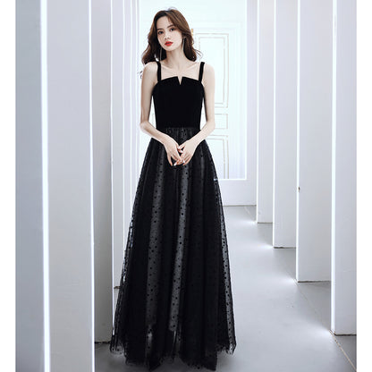2025 Host evening dress  new black temperament high-end light luxury niche birthday party long art test skirt woman
