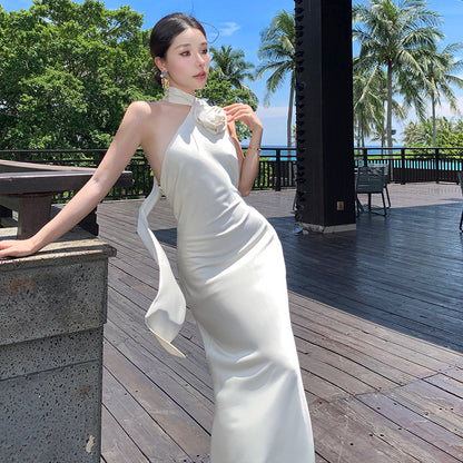 2025 Temperament  atmosphere Satin slanted shoulder streamer neck dress Sexy backless fishtail hip wrap dress dress