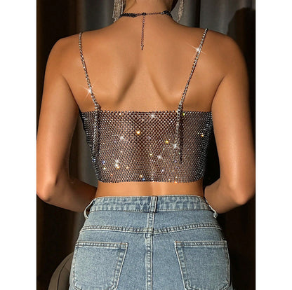 2025 XH233957  new fishing net rhinestone fringed beads metal chain small suspender sexy navel top women