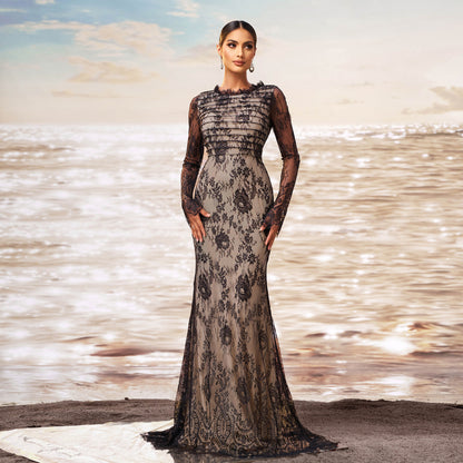 2025 new high-end long-sleeved crew neck banquet mesh yarn hip-wrapped fishtail evening dress bridesmaid dress women