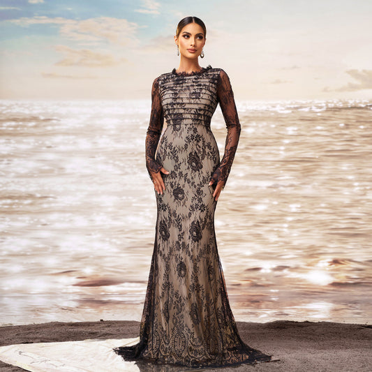 2025 new high-end long-sleeved crew neck banquet mesh yarn hip-wrapped fishtail evening dress bridesmaid dress women