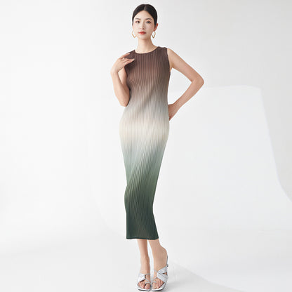 Gradual change women's summer dress high sense round neck sleeveless temperament elegant medium and long versatile hip skirt