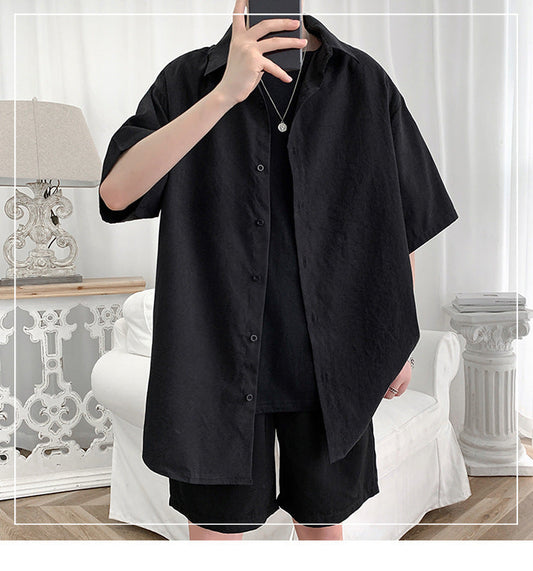 maoxiangshop Streetwear Shirt Men Solid Cotton Plus Size Short Sleeve Shirts Loose Summer Fashion Casual Korean Shirt Mens Tops Clothes