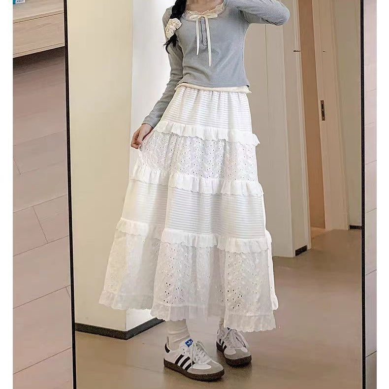 maoxiangshop-shop church outfit 2024 Women's Spring and Summer New White Cake Skirt High Waist Mid-Length Jacquard Small Lace Skirt A- line Skirt