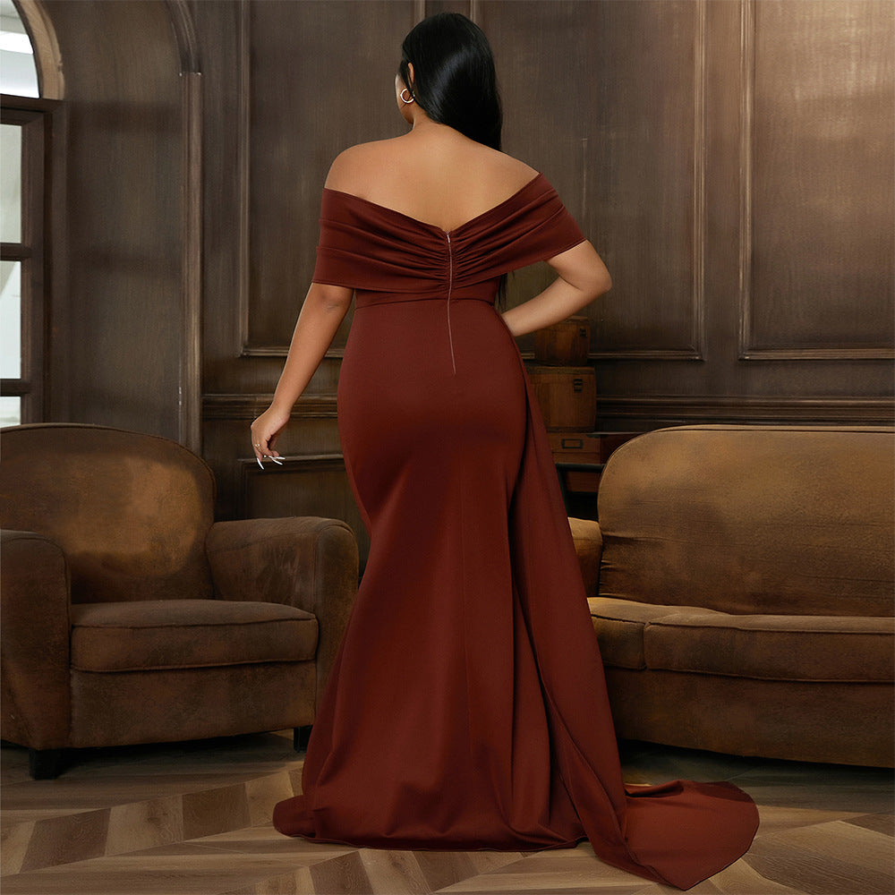 2025 [Not in stock, do not shoot] Women's long one-word collar banquet sexy hip wrap fish tail evening dress dress women