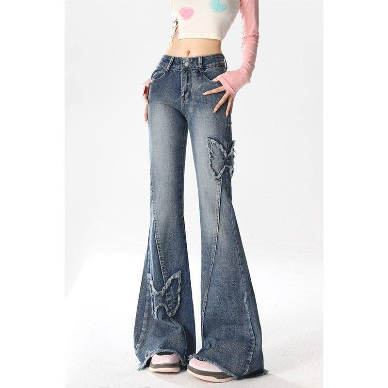 2000s fashion American Retro Butterfly Embroidered Micro Flared Jeans for Women New Popular Design High Waist Mopping Pants