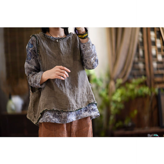 2025 22/3 first bud, spring literary and retro texture linen rough edge loose pullover and vest