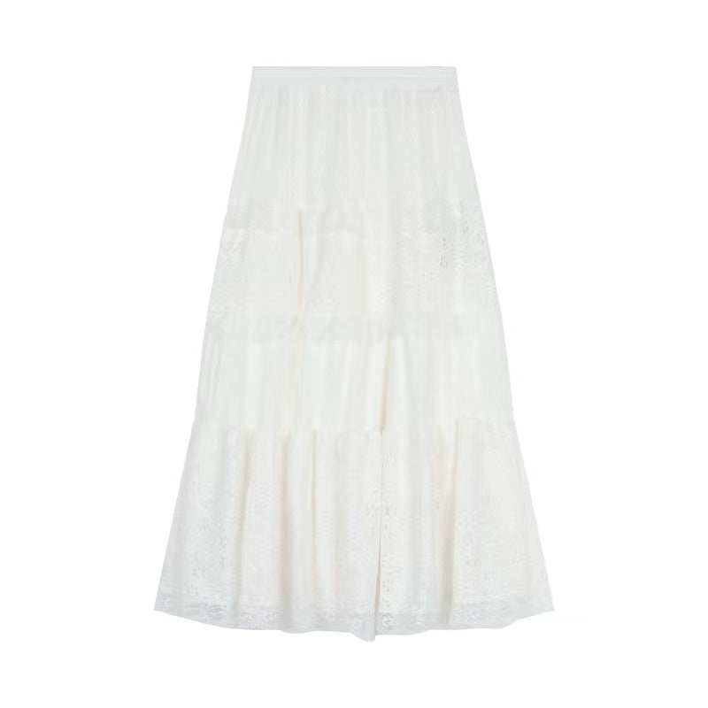 maoxiangshop-shop church outfit 2024 Women's Spring and Summer New White Cake Skirt High Waist Mid-Length Jacquard Small Lace Skirt A- line Skirt