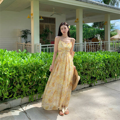 2025 Seaside vacation dress  coffee break niche waist yellow floral suspender beach dress photo pendulum dress