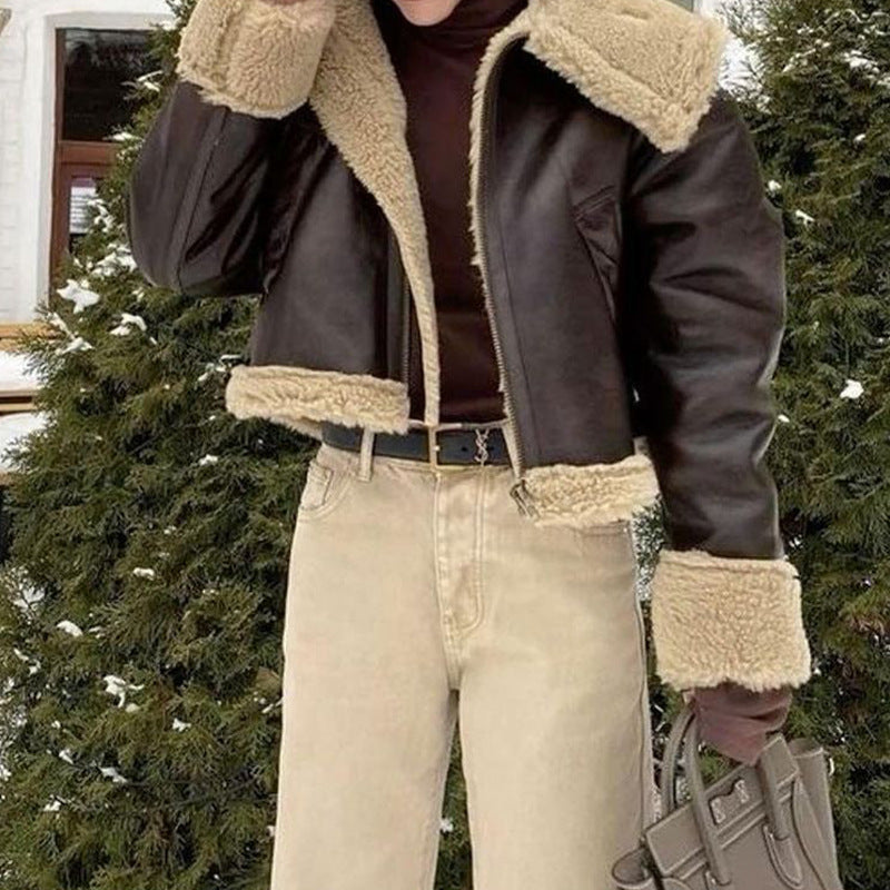 maoxiangshop outfit Winter New European Fashion Maillard Style Fur Motorcycle Jacket Jacket