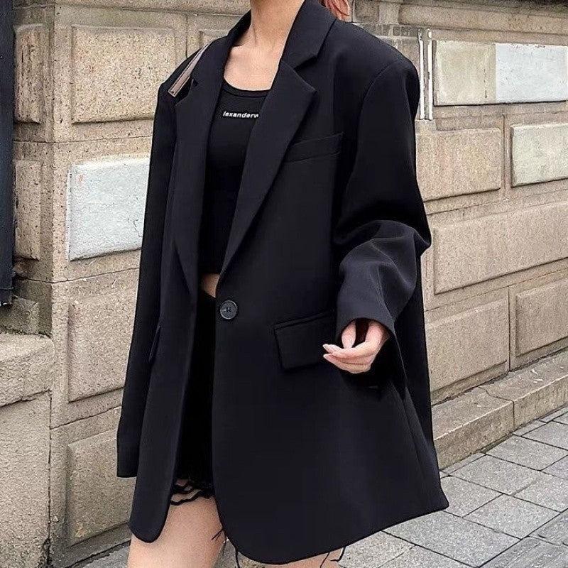 maoxiangshop-shop buisnesscore outfit women Black Small Suit Jacket for Women Spring and Autumn New Mid-Length Design Fashionable Temperament Casual Small Suit Jacket