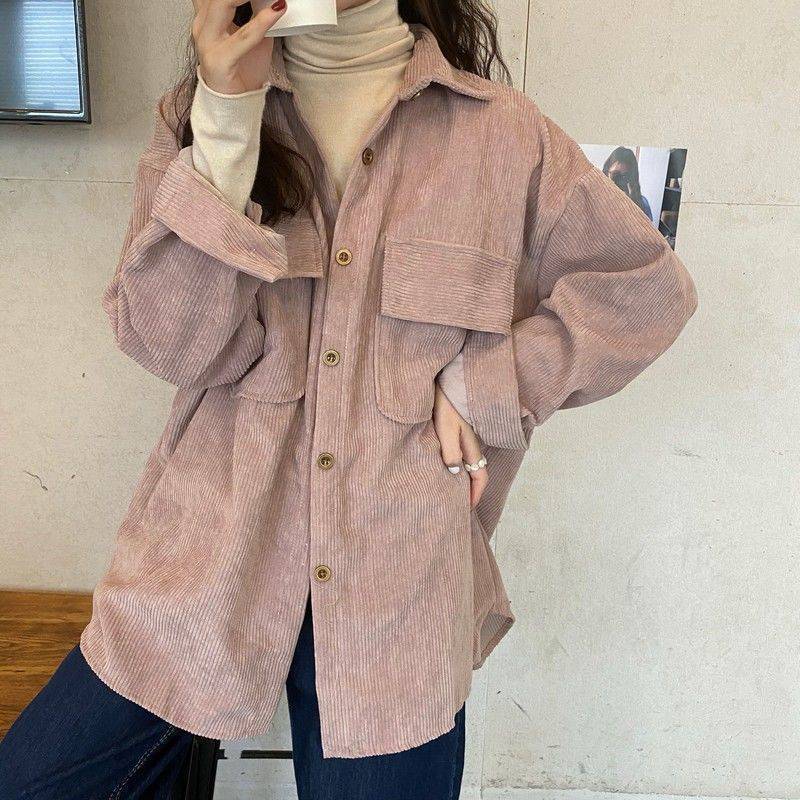 maoxiangshop suede jacket outfit Retro Women's Corduroy Coat Shirt Women's Spring and Autumn Versatile New Hong Kong Style Shirt Top