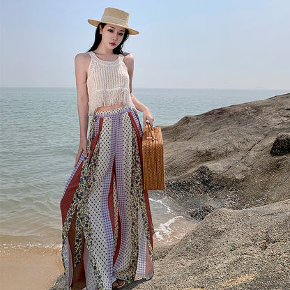 2025 Ethnic style wide-leg pants women's high-waisted drape culottes exotic style summer thin pants island vacation mopping pants trousers