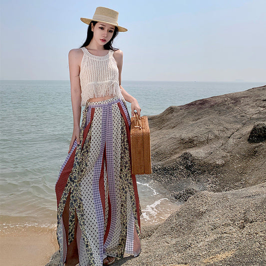 2025 Ethnic style wide-leg pants women's high-waisted drape culottes exotic style summer thin pants island vacation mopping pants trousers