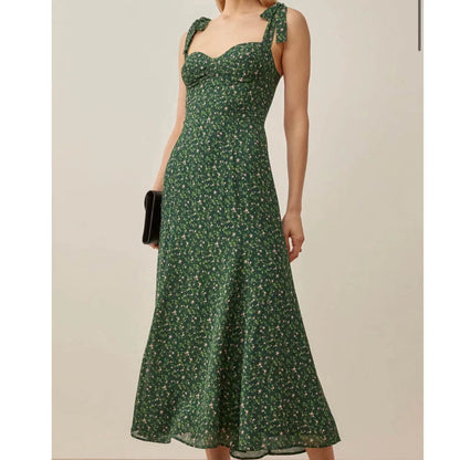 maoxiangshop-shop indie dress to impress Summer French Style Retro Dark Green Small Floral Slim Waist Long Sling Dress