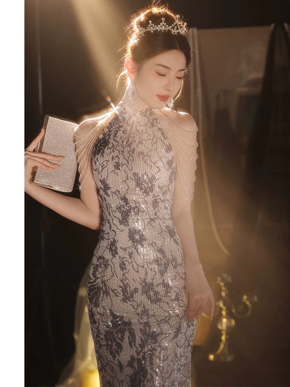 High-end evening dress women's high-end banquet temperament light luxury niche host fishtail sequined graduation dress autumn