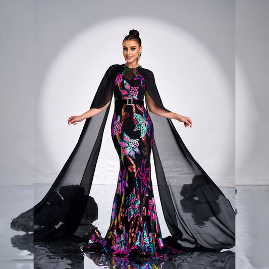 2025 women's clothing super long-sleeved crew neck sexy long sequined banquet fishtail evening dress bridesmaid dress dress