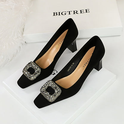 6186-K83 2025 banquet women's shoes versatile high heels thick heel high heel suede square head metal rhinestone buckle single shoes