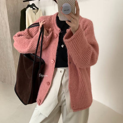 maoxiangshop-shop fall outfits 2024 Autumn New Gentle All-Match round Neck Large Button Knitted Cardigan Outer Wear Top Women's Loose Lazy Sweater Coat