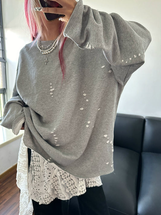 Lazy Wind Grey Long Sleeve Sweater Autumn Popular Simple Versatile Loose Fleece Shirt Design Sense Top Women