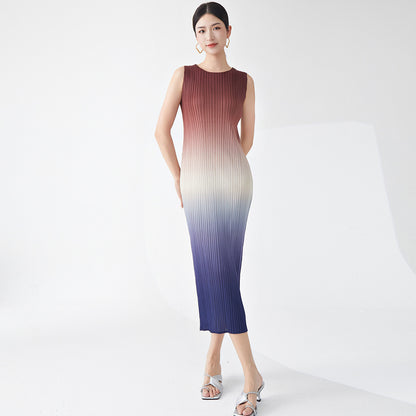 Gradual change women's summer dress high sense round neck sleeveless temperament elegant medium and long versatile hip skirt