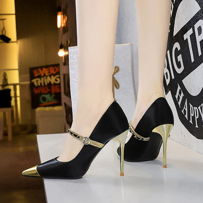 9318-19 2025 high heels women's shoes thin heels high heels light mouth color matching pointed metal chain one-word belt single shoes