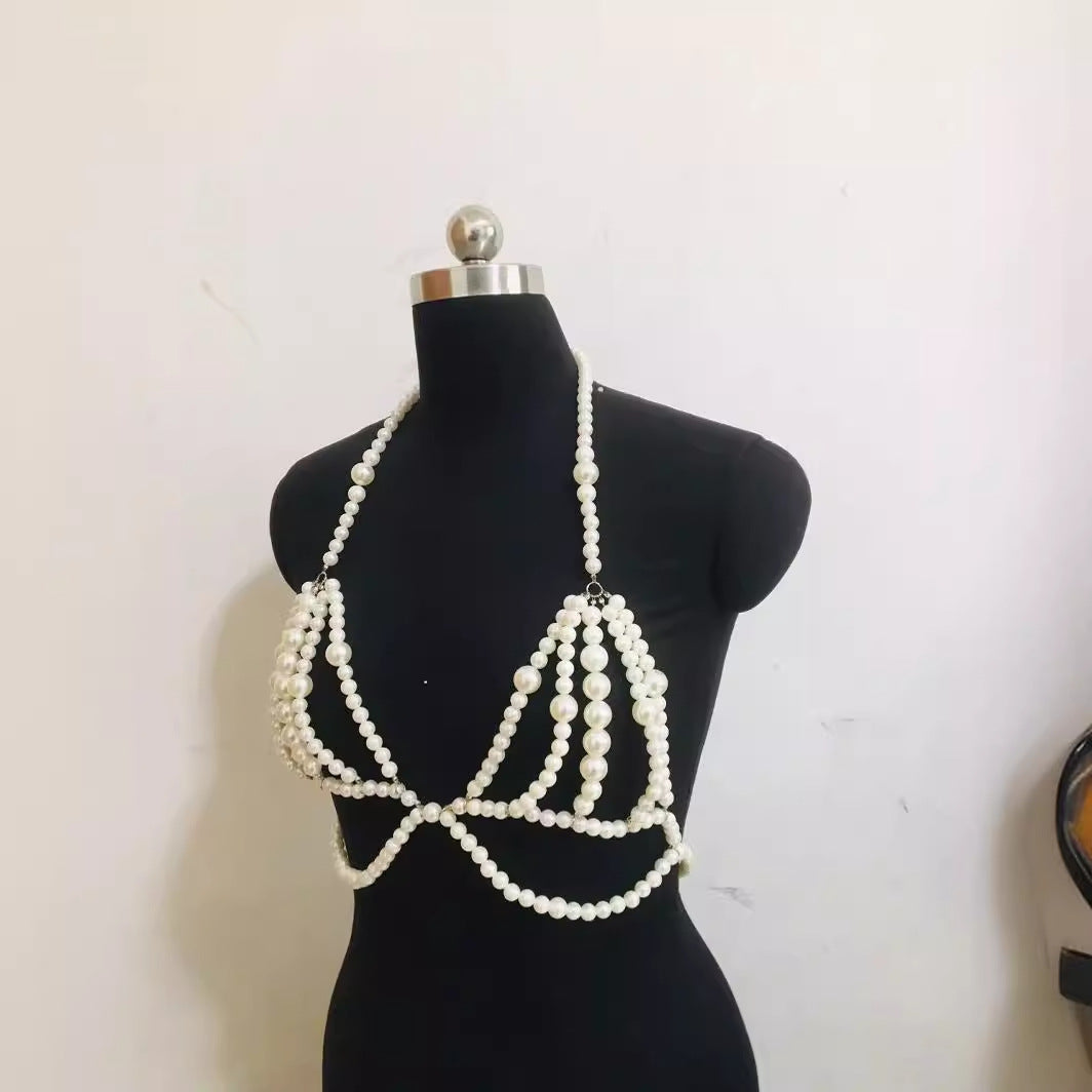 2025 XH10004  New pearl combination of different sizes fashionable neck halter chest chain body chain small vest