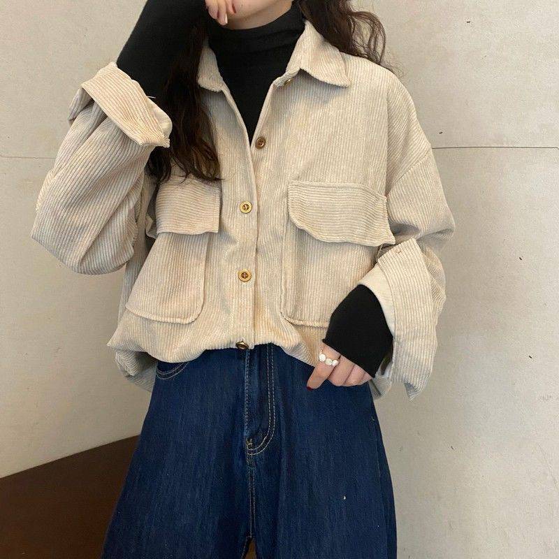 maoxiangshop suede jacket outfit Retro Women's Corduroy Coat Shirt Women's Spring and Autumn Versatile New Hong Kong Style Shirt Top