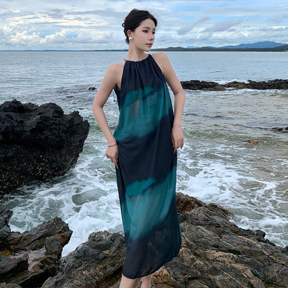 dark green contrasting colors niche design sense thin dress Sanya seaside vacation loose thin white dress